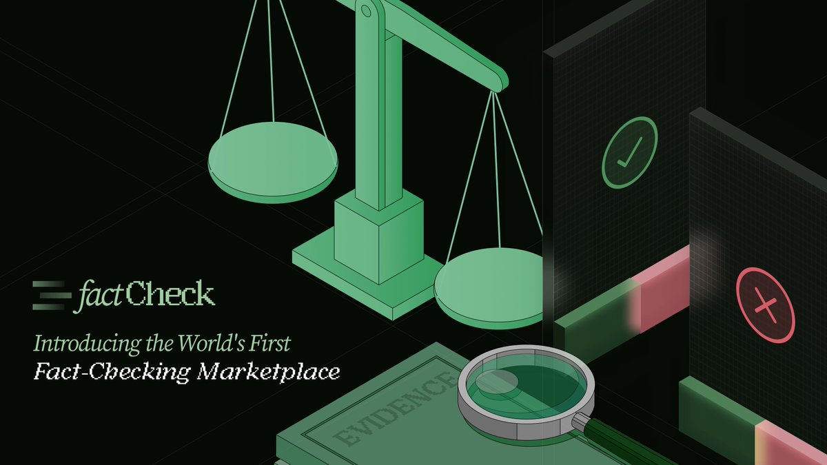 FactCheck launch graphic: “Introducing the World's First Fact-Checking Marketplace,” with scales of justice and a magnifying glass over a file marked Evidence